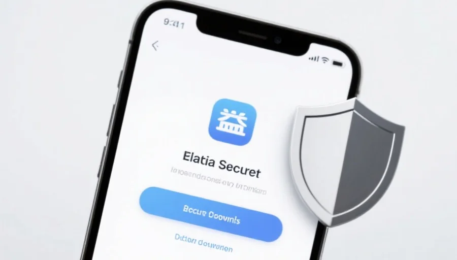 一部现代智能手机屏幕上显示盛世应用的安全下载界面，旁边有安全盾牌图标，背景简洁